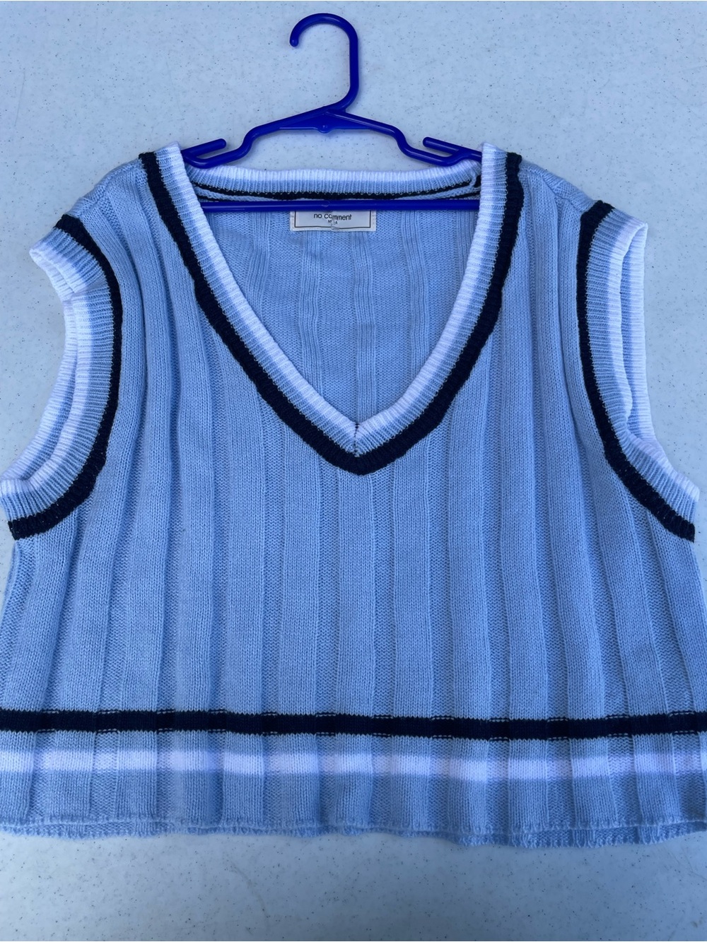 Light Blue Ribbed V-Neck Sweater Vest with Navy Trim
